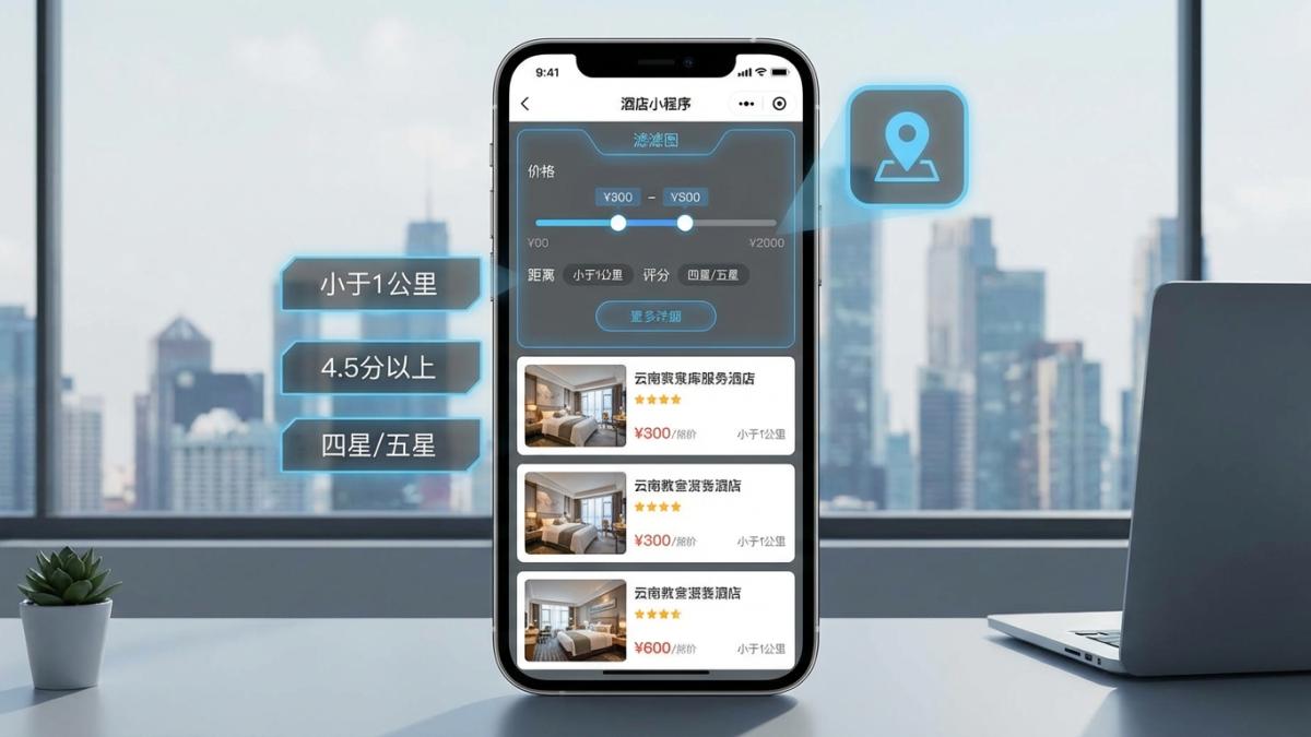酒店平台小程序多条件筛选与附近推荐