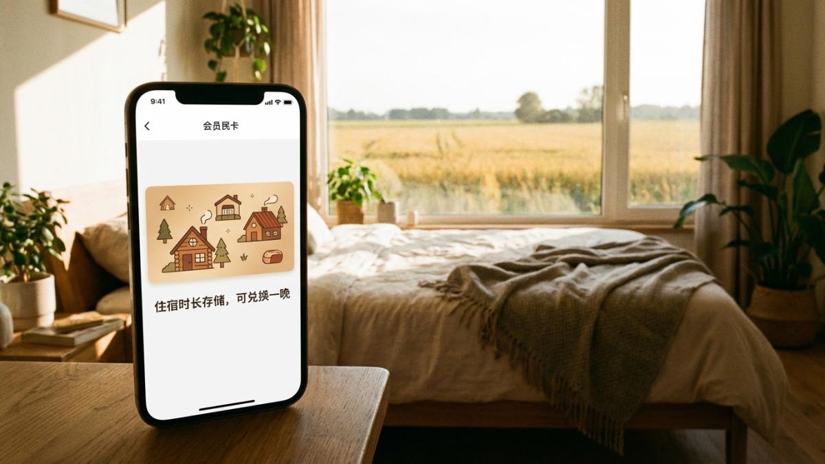 手机展示住宿时长存储与兑换一晚的会员权益