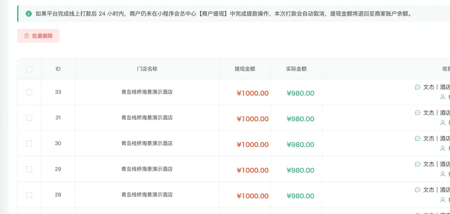 多商户酒店平台商户提现门店与金额
